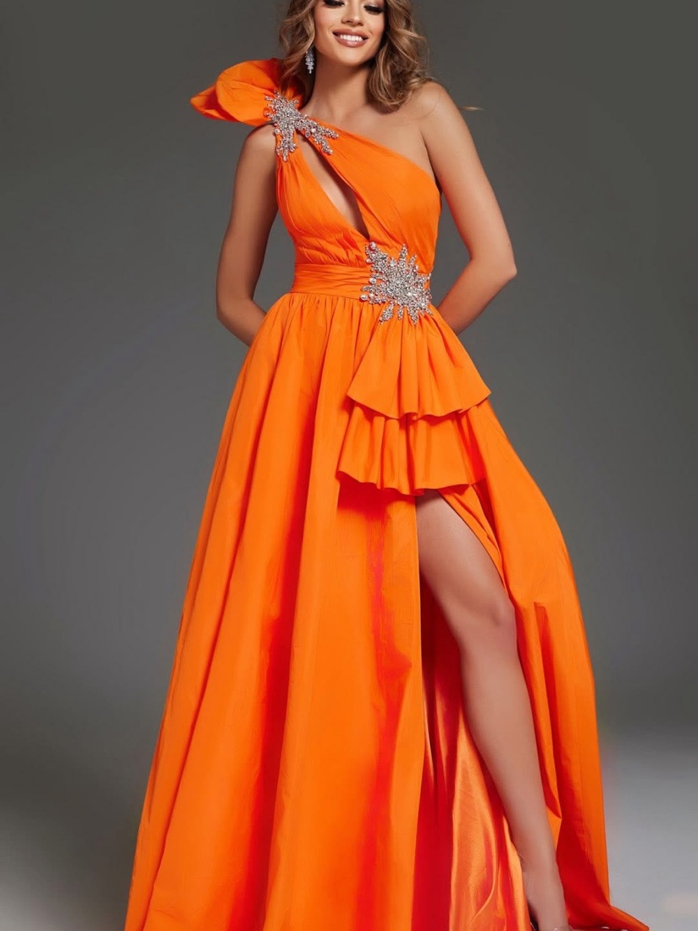 Jovani Vibrant Orange One-Shoulder Evening Gown with Crystal Accents